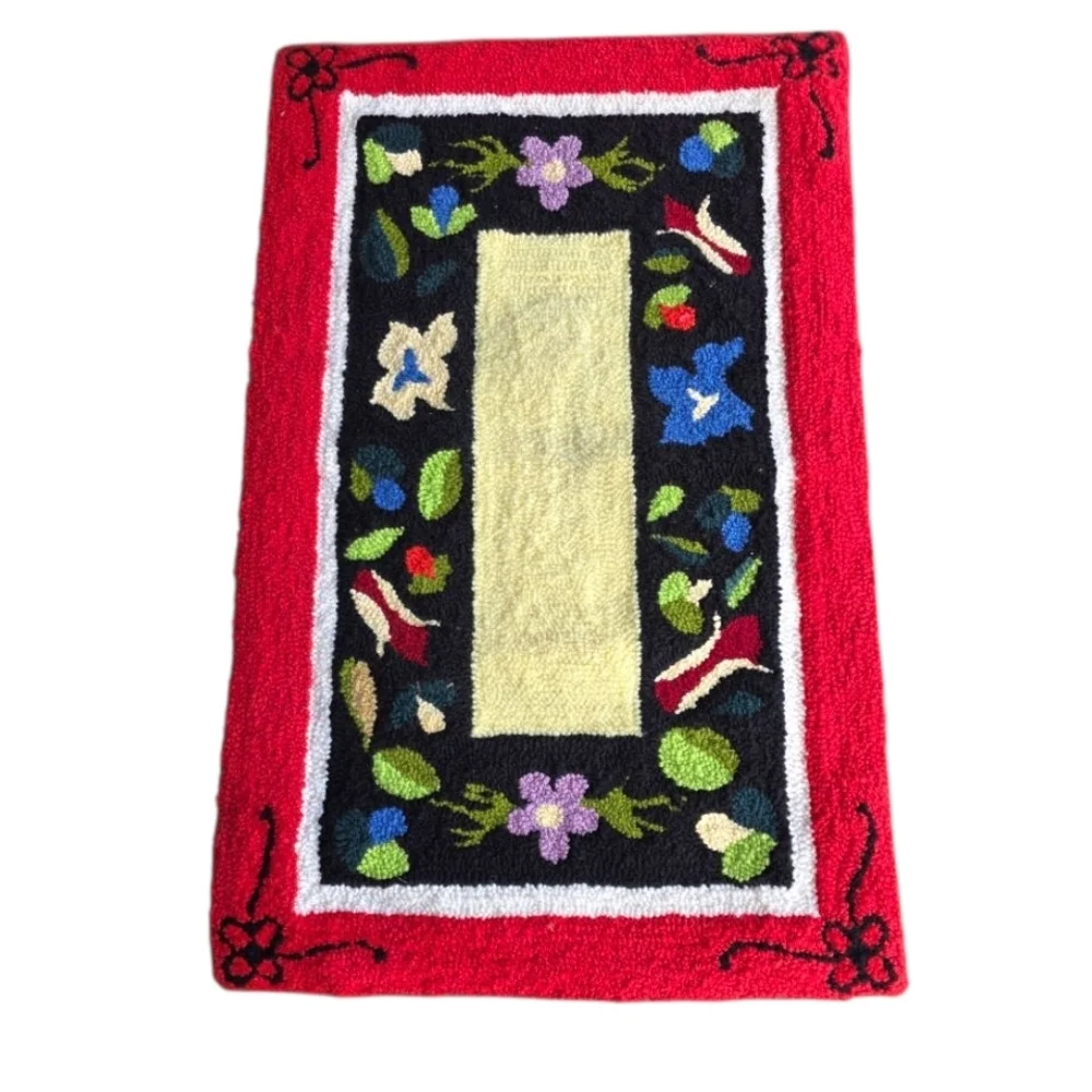 Needlepoint Vintage Floral Rectangular Rug Red Border Handmade Signed Normandy